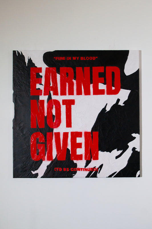 painting with red text typography design and on a abstract black and white background